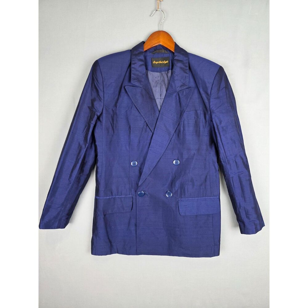 Vintage 80s Purple Double Breasted 100% Silk Blazer Boxy Eggplant Shoulder Pads
